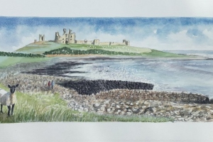 Dunstanburgh-from-Craster-with-sheep-Sue-Dudill-Artist-Northumberland